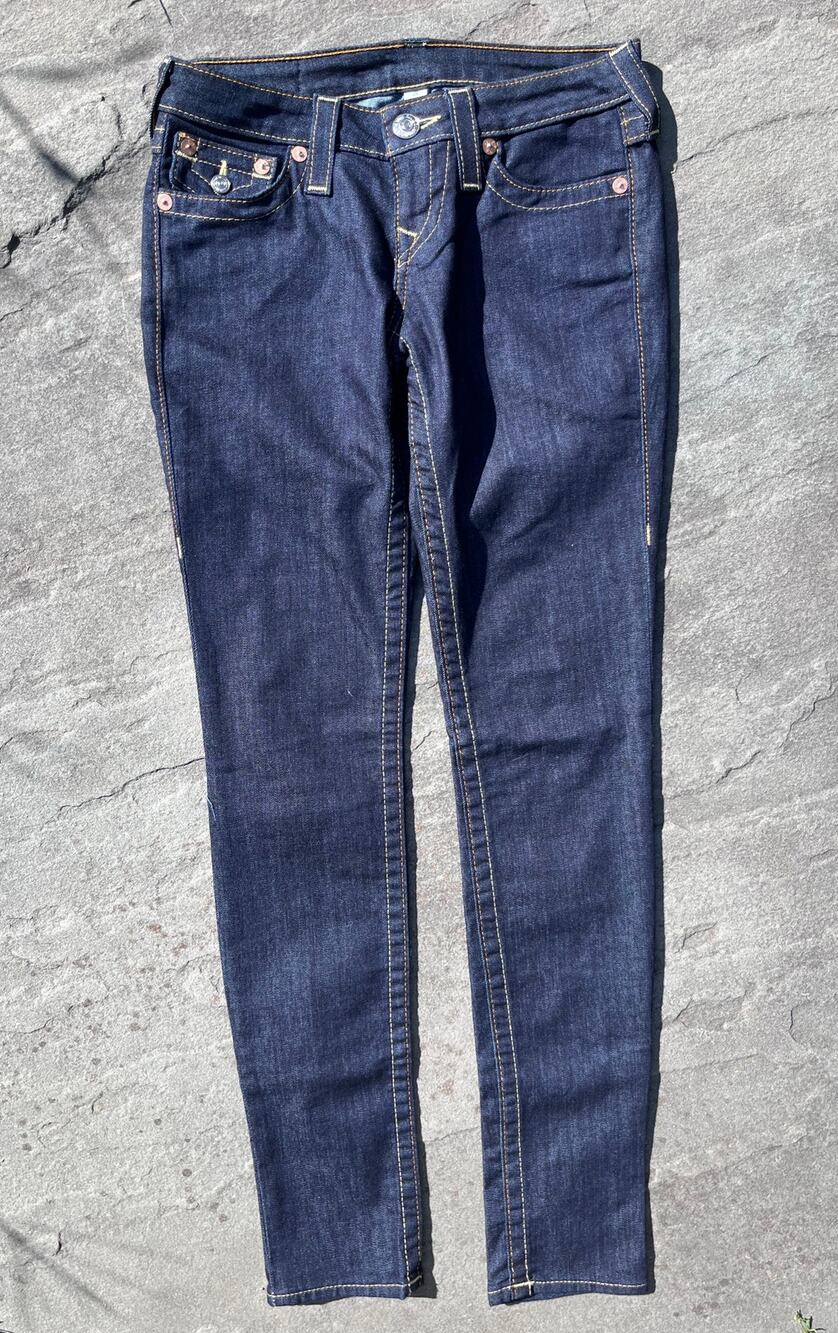True Religion Ultra Low Rise Skinny Flap Jeans Dark Wash Contrast Stitch Size 26